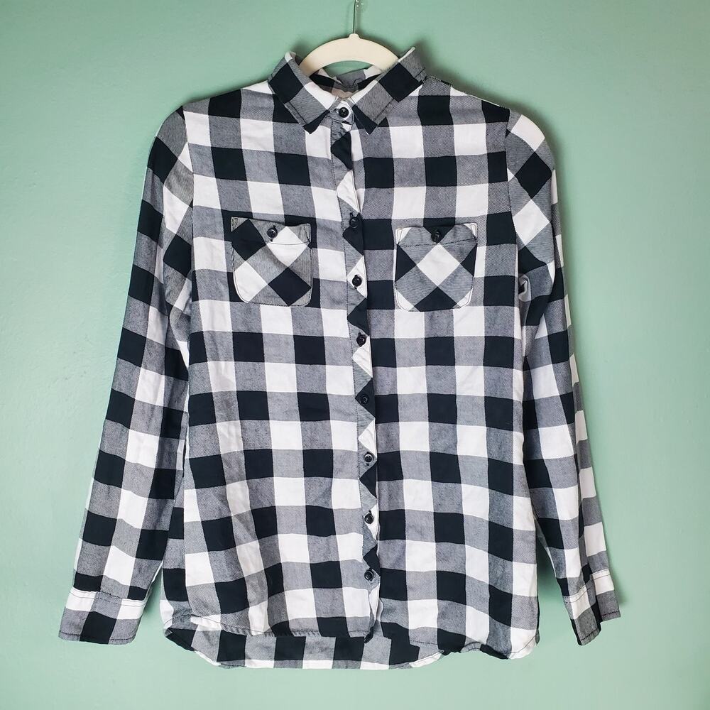 Hot Topic Girl's White & Black Plaid Button Up Long Sleeve Shirt Size Medium